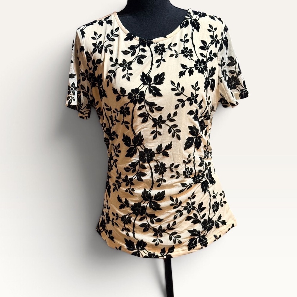 Merokeety Womens Floral Ruched Side Short Sleeve Top Cream Black Size L NWT